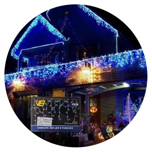 Cascata 400 Leds 10m C/ 8 Funções Azul C/ Fio Branco 127v