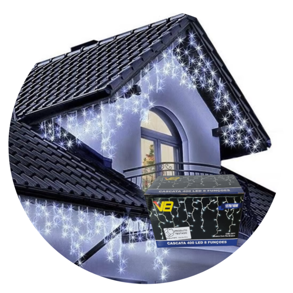 Cascata 400 Leds 10m C/ 8 Funções Branco Frio C/ Fio Branco