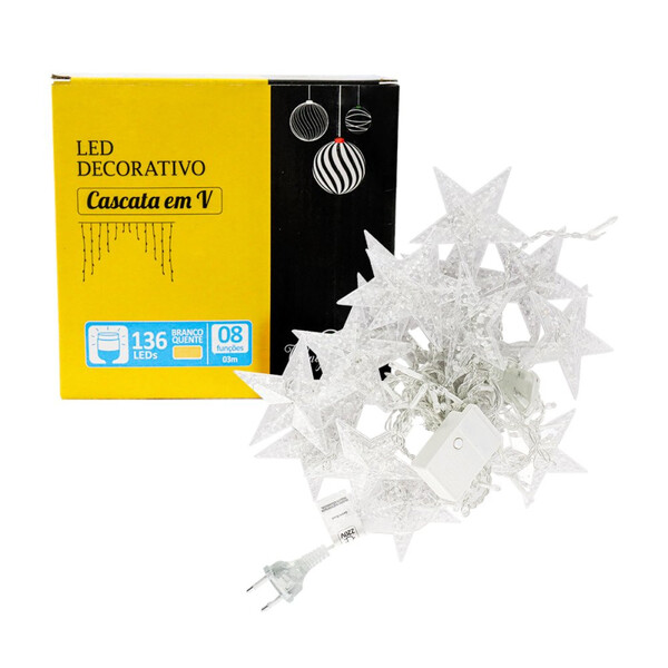 Cascata Em V Estrela Natal 3 Metros 8 Funções 136 Leds Branco
