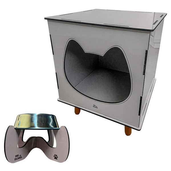 Casinha Toca Cat Line Pet Gato Premium Mdf Com Comedouro Inox