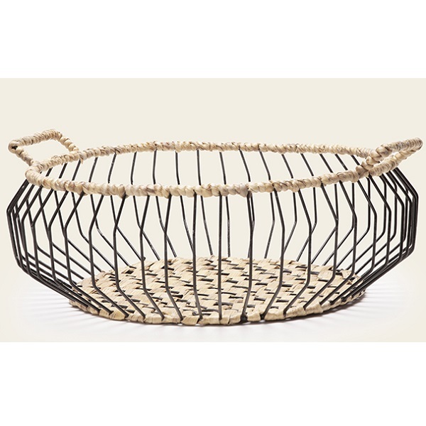 Centro De Mesa Cesto Em Fibra Natural E Metal Grande Mart