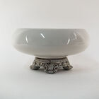 Centro De Mesa De Cerâmica Branco Off-white Liso E Pé Prata