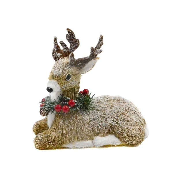 Cervo Baby Rena Sentada Rustica Fibra Natural Decorada 23cm -