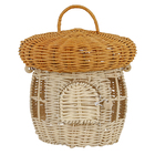 Cesto Organizador com Alças e Tampa Aço e Fibra Vegetal Redondo Bege 25x28x25cm Oikos