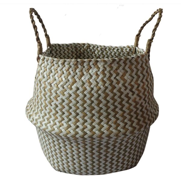 Cesto Com Alcas Em Rattan Branco E Bege D38cm X 33cm