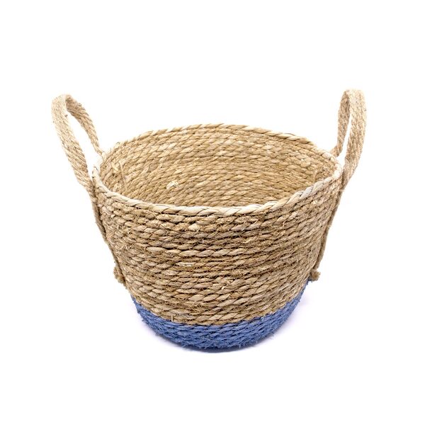 Cesto De  Fibra Natural Seagrass Com Fundo Azul 24 5x31x33 Cm