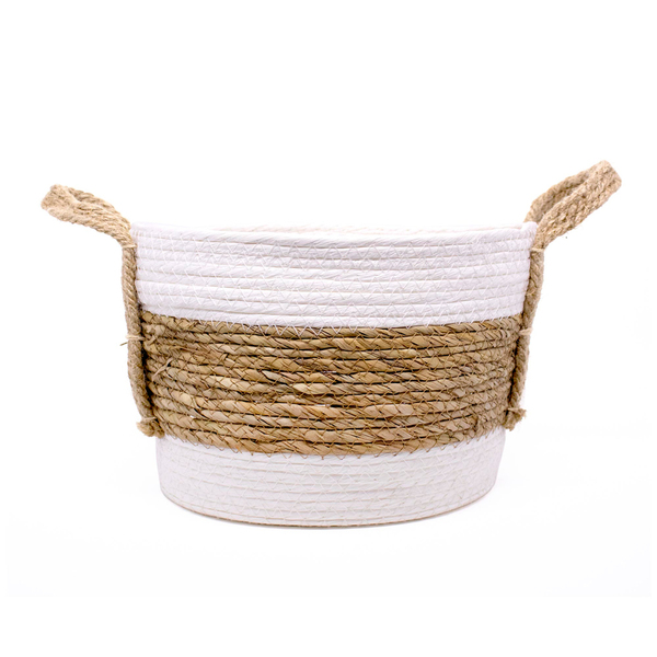 Cesto De Fibra Natural Seagrass Listrado Branco 23x30x30 Cm E