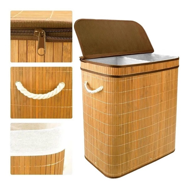 Cesto De Roupa Duplo De Bambu Com Tampa 32x52x60cm Mimo Style