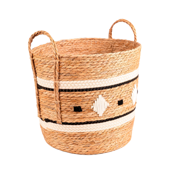 Cesto Fibra Natural Branco e Preto Desenhos 44x36x36cm Floral Atlanta