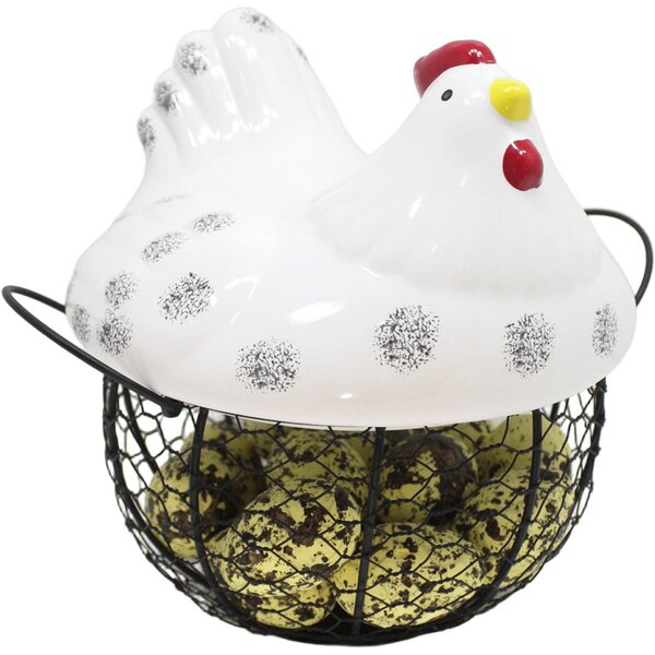 Cesto Galinha Porta Ovos Cerâmica Decorativo 18 Ovos Amarelo