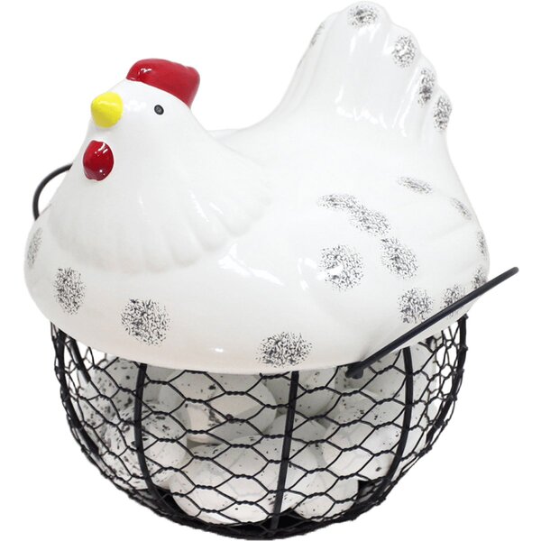 Cesto Galinha Porta Ovos Cerâmica Decorativo 18 Ovos Branco