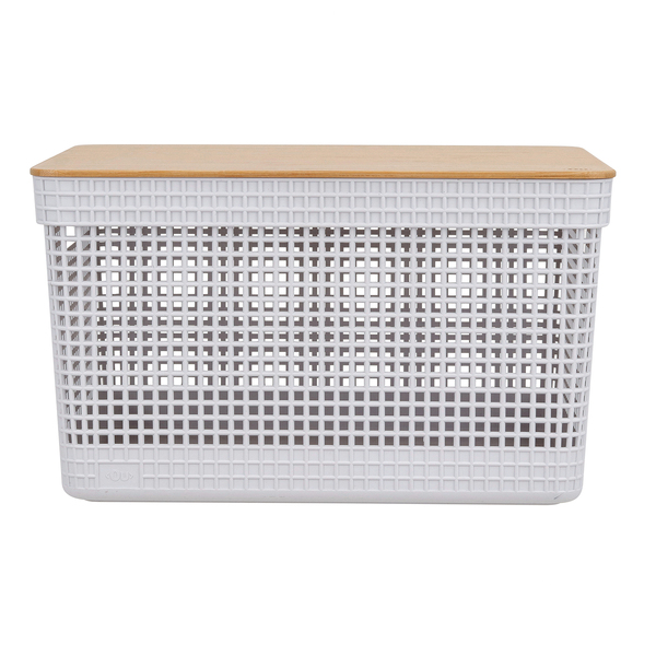 Cesto Organizador de Plástico com Tampa Bambu Branco 20L 29x39x26cm Grid Ou