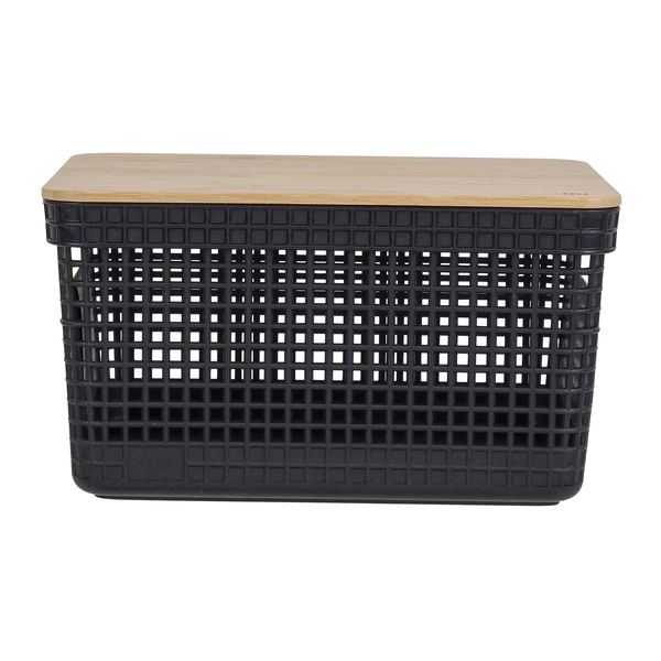 Cesto Organizador de Plástico com Tampa Bambu Preto 8L 23x29x19cm Grid Ou