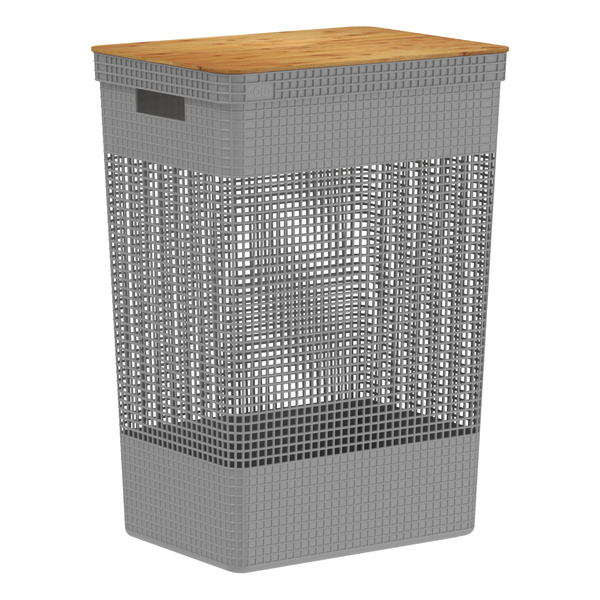 Cesto Roupas Grid C Tampa Bambu 49L Cinza