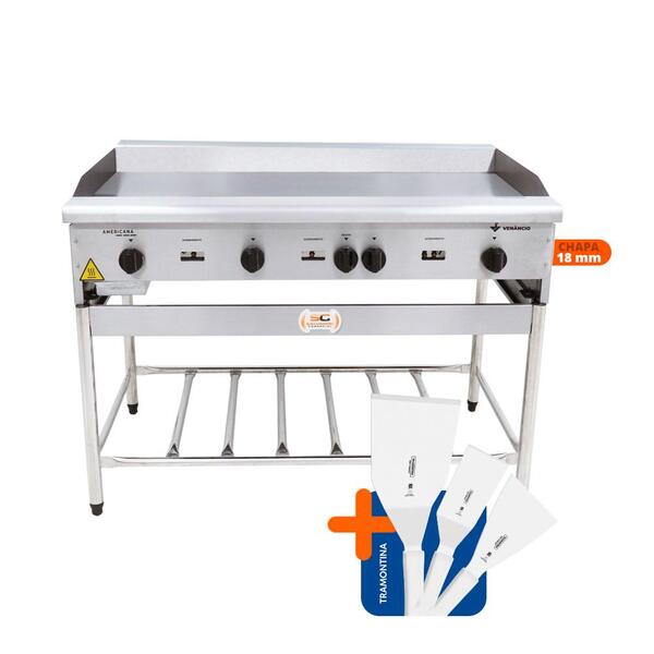 Chapa Americana Profissional 120cm A Gás 18mm Lisa Inox Com P