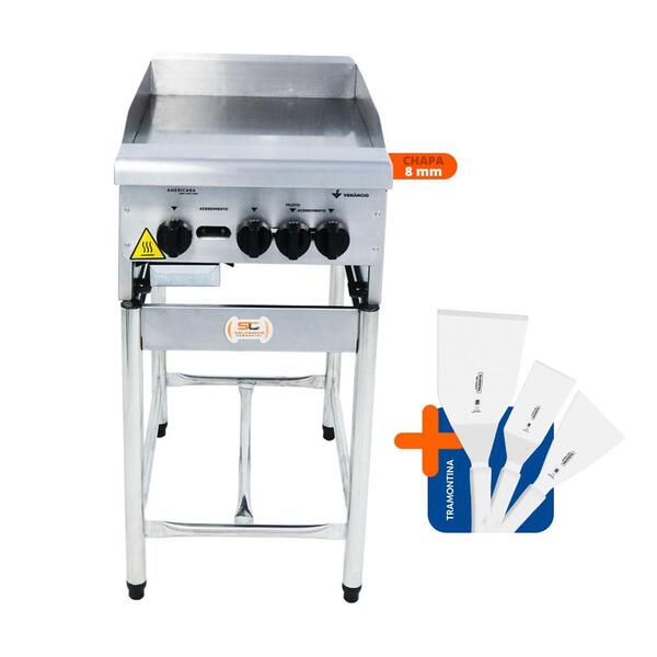 Chapa Americana Profissional 45cm A Gás 8mm Lisa Inox Com Pé
