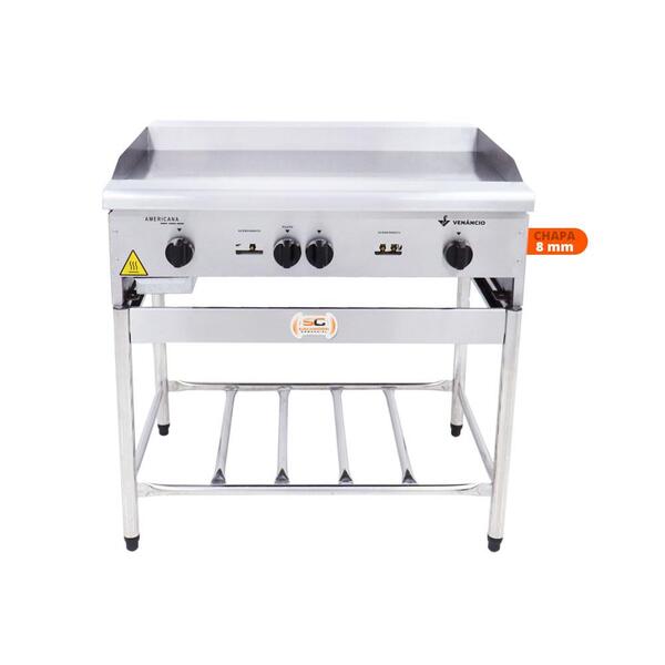 Chapa Americana Profissional 90cm A Gás 8mm Lisa Inox Com Pé