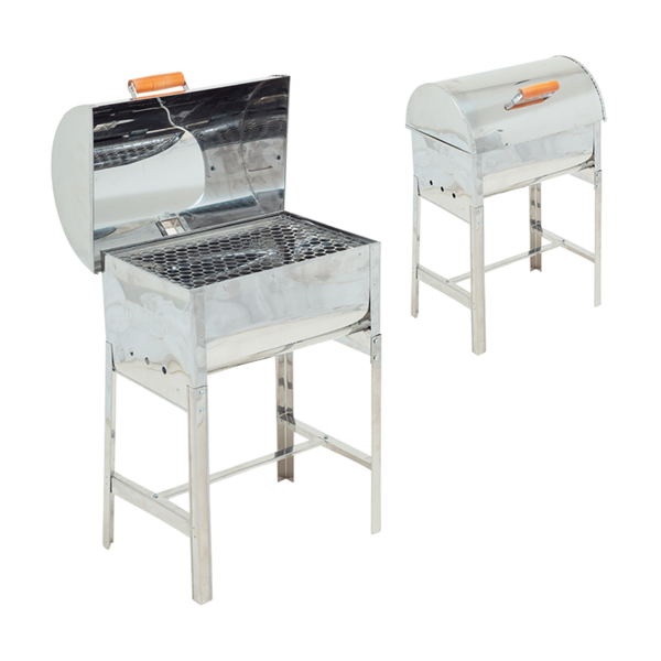 Churrasqueira Mini A Bafo Inox Com Tampa E Alça De Madeira -