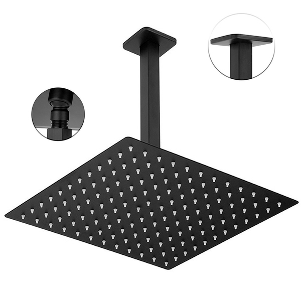 Chuveiro Ducha 20x20 Quadrado Inox Preto Fosco Suporte Teto P