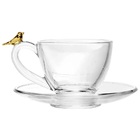 Cj 4 Xícaras P/café C/pires De Vidro Golden Bird Transparente