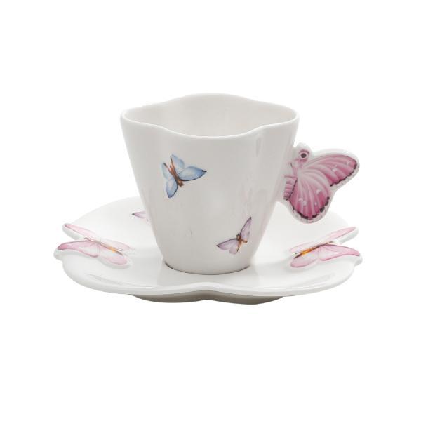 Cj 6 Xícaras P/Café C/Pires de Porcelana Branca Borboletas 10