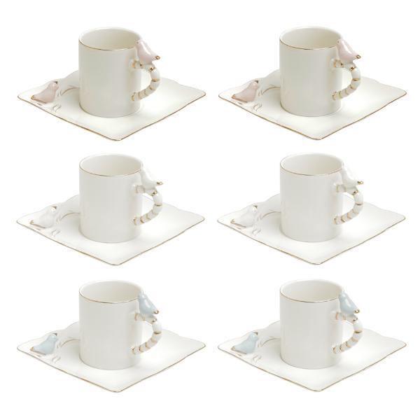 Cj 6 Xícaras P/Café C/Pires Quadrado Porcelana Birds Design P