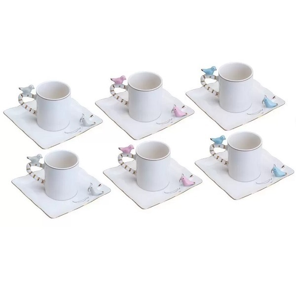 Cj 6 Xícaras P/Café C/Pires Quadrado Porcelana Birds Design P