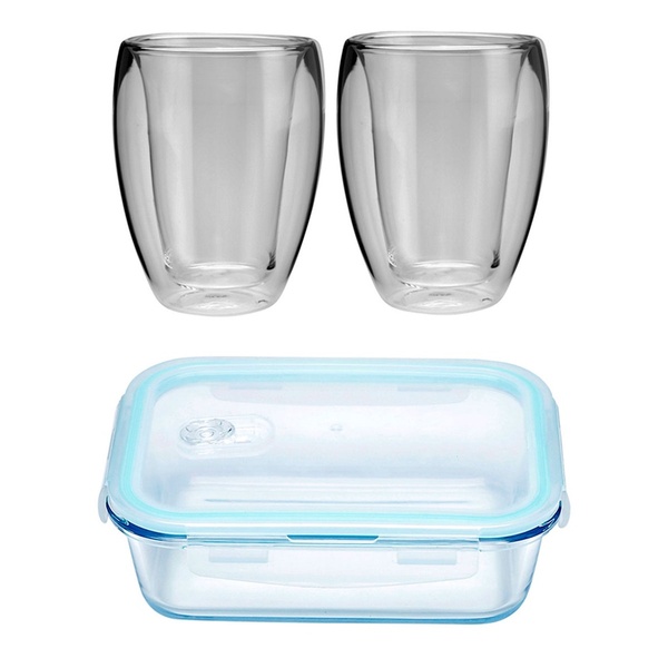 Cj C/ 2 Copos P/chá + Pote Hermético De Vidro Borossilicato T