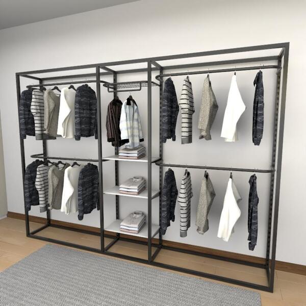 Closet Araras, Guarda Roupas Aberto Industrial Com 17 Peças B