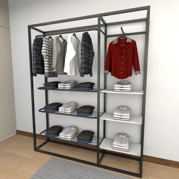 Closet Araras, Guarda Roupas Aberto Industrial Com 17 Peças B