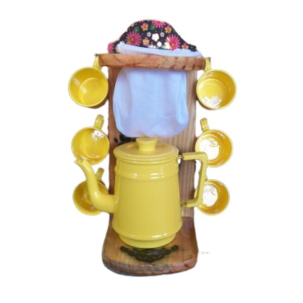 Coador Café Amarelo Pano Individual Com Bule E 6 Caneca Metal