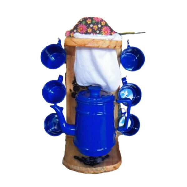 Coador Café Azul Pano Individual Com Bule E 6 Caneca Metal