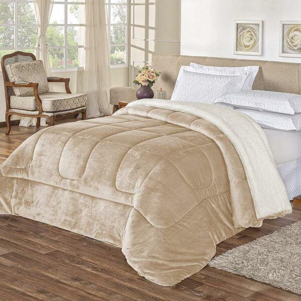 Coberdrom King Noruega Sherpa + Manta Flannel 1pç - Cáqui