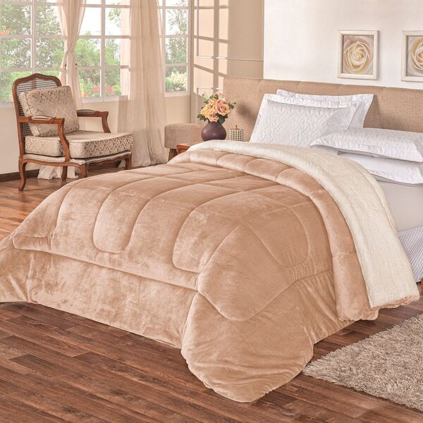 Coberdrom Olimpo Dupla Face Caqui Casal - Tecido Sherpa E Man