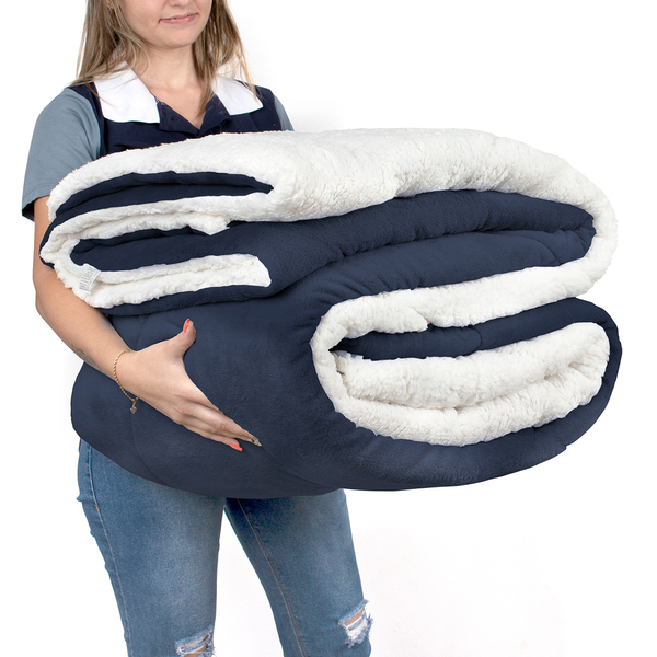 Coberdrom Pele De Carneiro Cobertor Azul Marinho Queen Size D