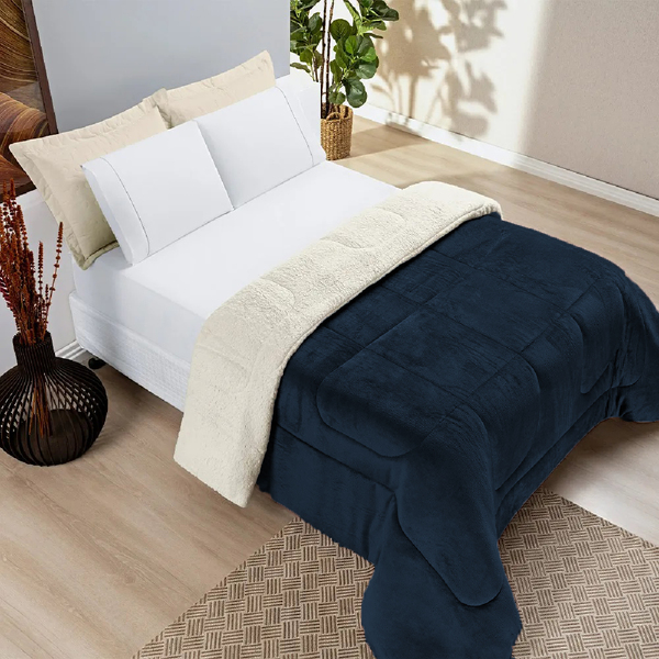 Coberdrom Sherpa Com Manta Queen Dupla Face Azul Marinho Casen