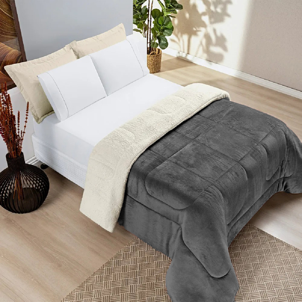 Coberdrom Sherpa Com Manta Queen Dupla Face Cinza Casen