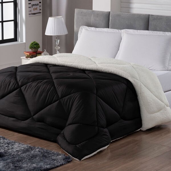 Coberdrom Sherpa Queen Tipo Lã De Carneiro Preto E Palha Dupl