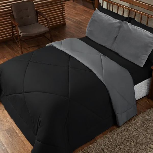 Coberta 6 Peças Casal Queen Dupla Face Casen Preto E Cinza