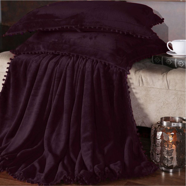 Cobertor Manta Plush Queen Com Pompom Premium 3 Peças Vinho