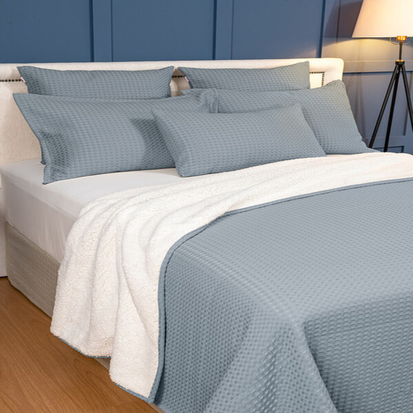 Cobertor Piquet Com Sherpa Casal Dupla Face  Azul Vintage