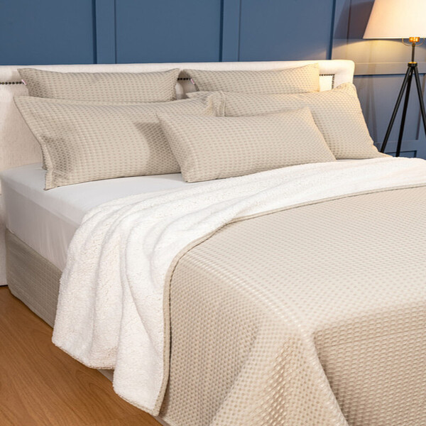 Cobertor Piquet Com Sherpa Casal Dupla Face  Bege