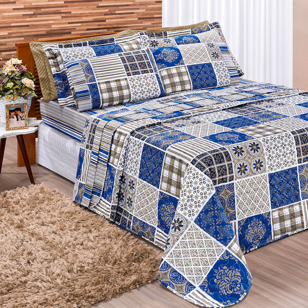Cobre Leito Azul Estampado Queen Patchwork 3 Peças