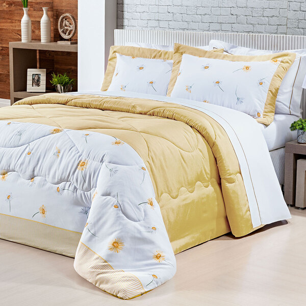 Cobre Leito Casal Amarelo Estampado 200 Fios Micro Percal 3 P