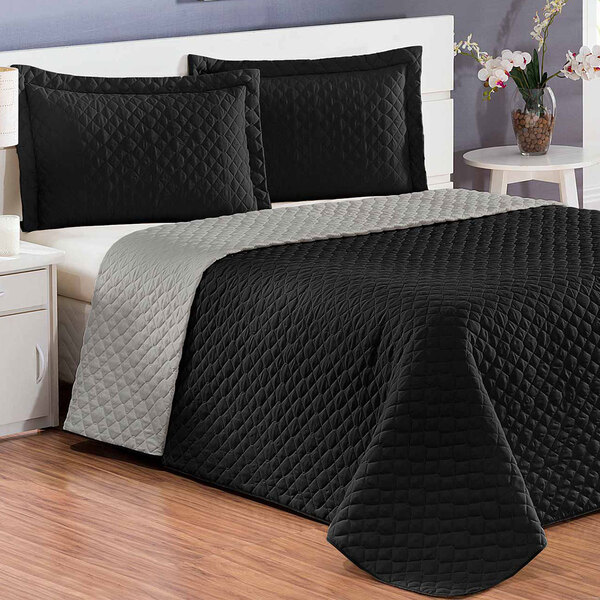 Cobre Leito Casal Dupla Face Preto / Cinza 3 Peças Matelado D