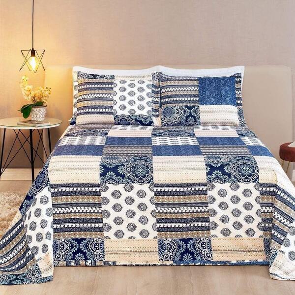 Cobre Leito Casal Zoe Piquet 3 Peças - Patch Azul