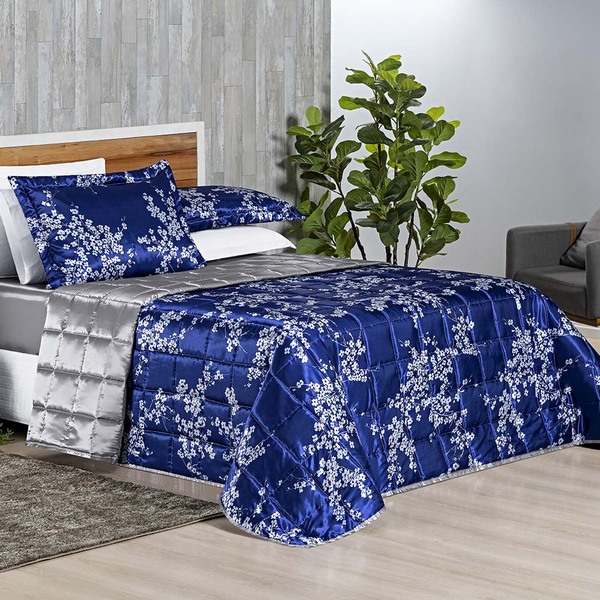 Cobre Leito Charme Queen 3 Peças Dupla Face - Azul - 100% Pol