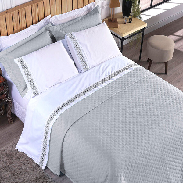 Cobre Leito Clássico Clean Liso Cinza Casal Queen 3 Peças 160