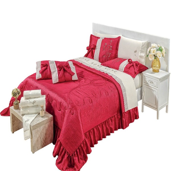 Cobre Leito Colcha Amore Vermelho Casal Queen 7 Peças Seda