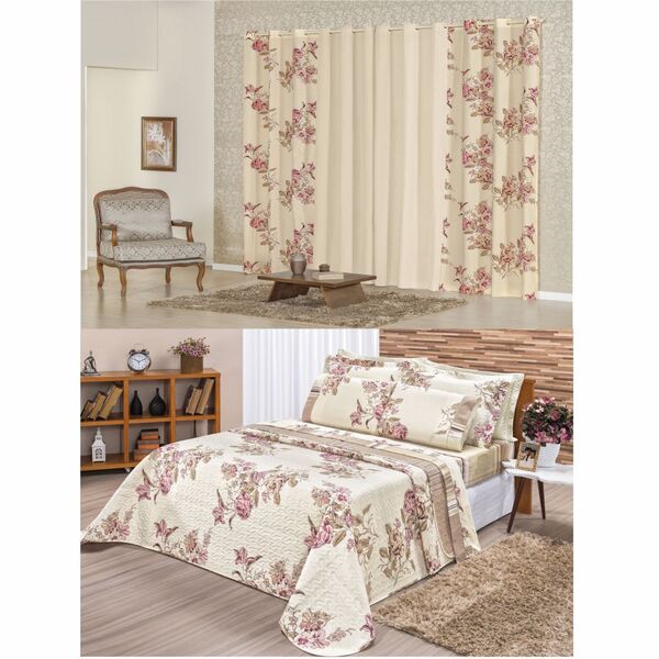 Cobre Leito Dyplomata King 3 Peças + Cortina 3 Metros - Flora